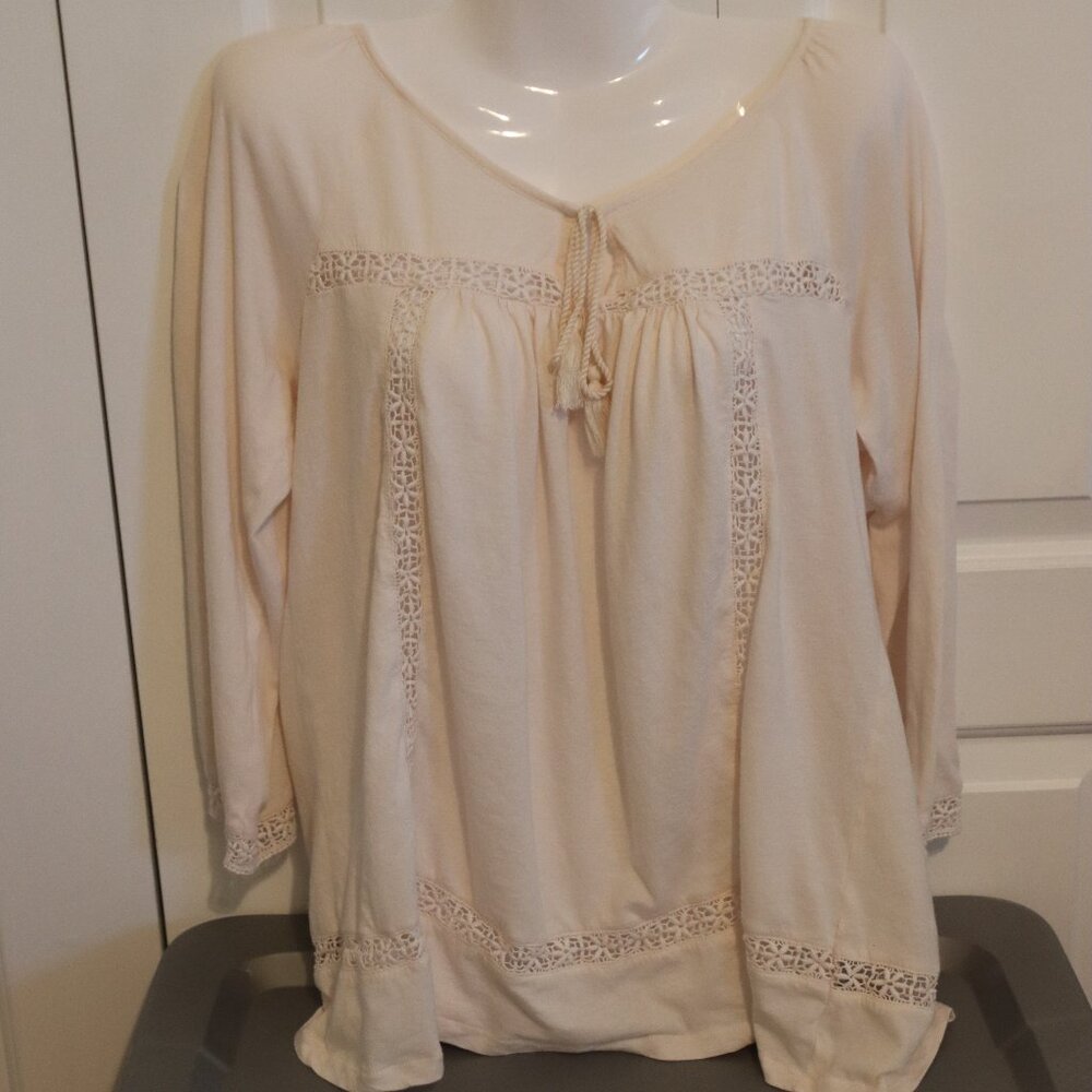Lucky Brand Boho Cream Relaxed Flowy Fit Peasant Style Blouse Tie Neck Large